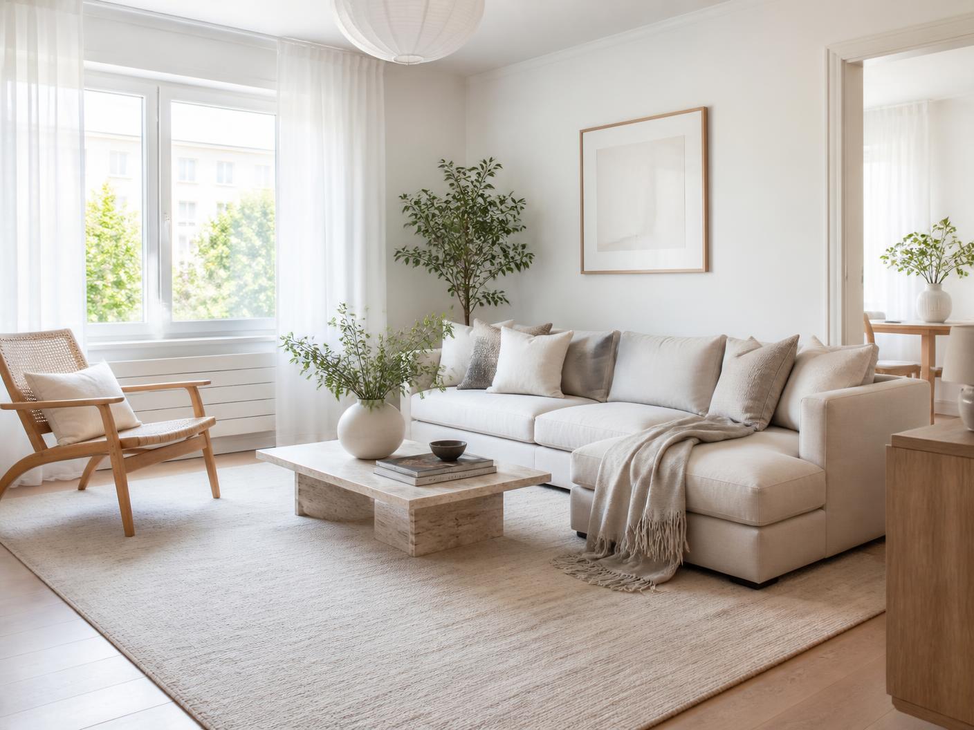 Uppstädat vardagsrum med soffa och avtorkade ytor inför visning